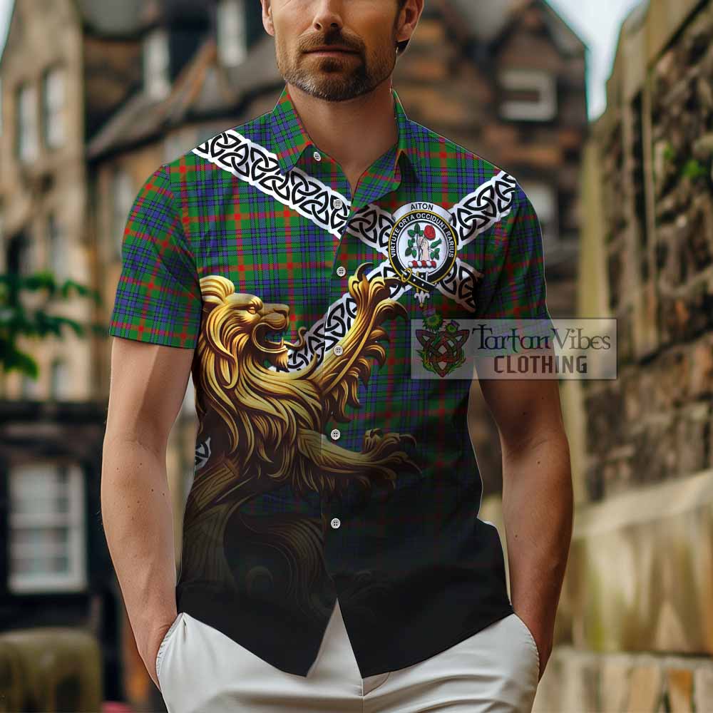 Aiton Crest Tartan Hawaiian Shirt with Golden Lion Emblem Celtic Style - Tartan Vibes Clothing
