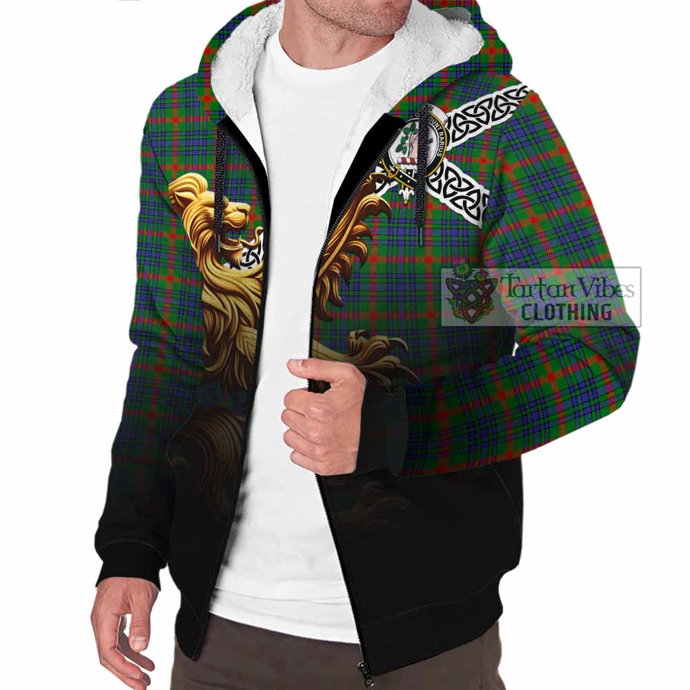 Aiton Crest Tartan Sherpa Hoodie with Golden Lion Emblem Celtic Style - Tartan Vibes Clothing