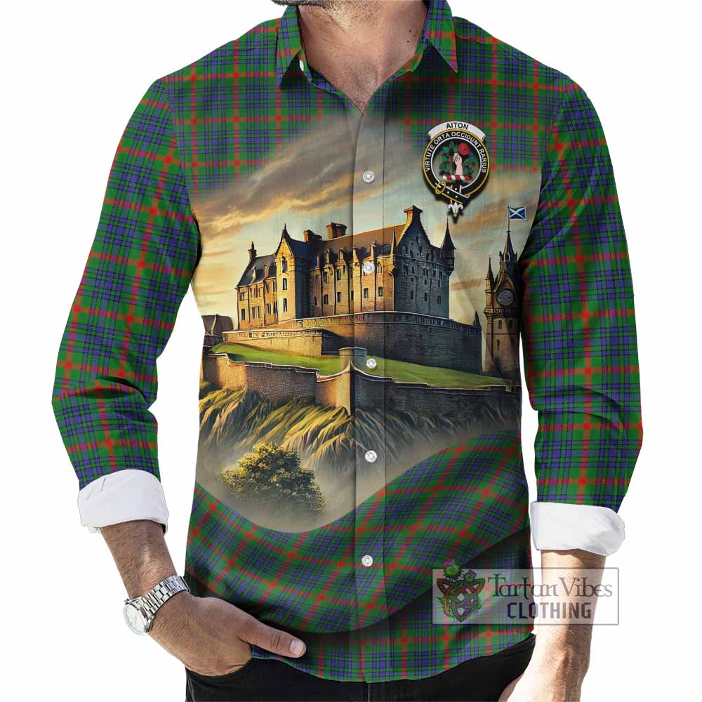 Tartan Vibes Clothing Aiton Tartan Family Crest Long Sleeve Button Shirt with Scottish Ancient Castle Style
