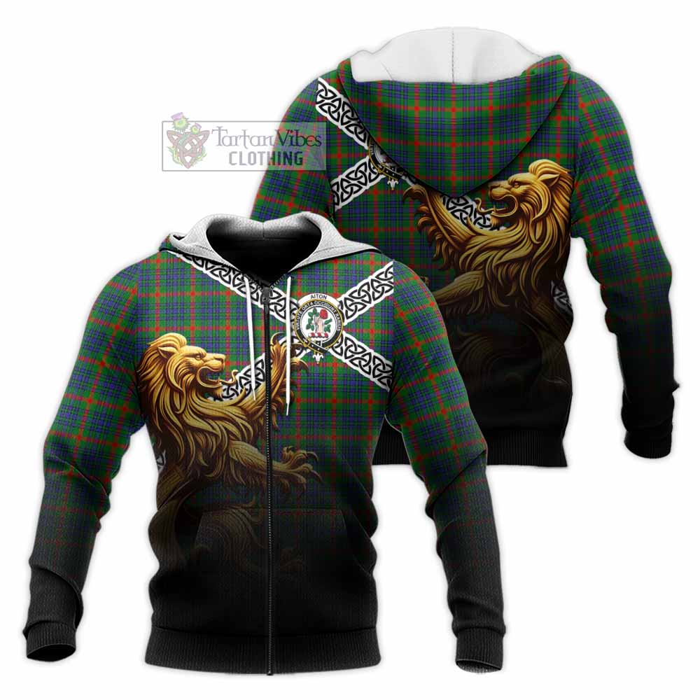 Tartan Vibes Clothing Aiton Crest Tartan Knitted Hoodie with Golden Lion Emblem Celtic Style