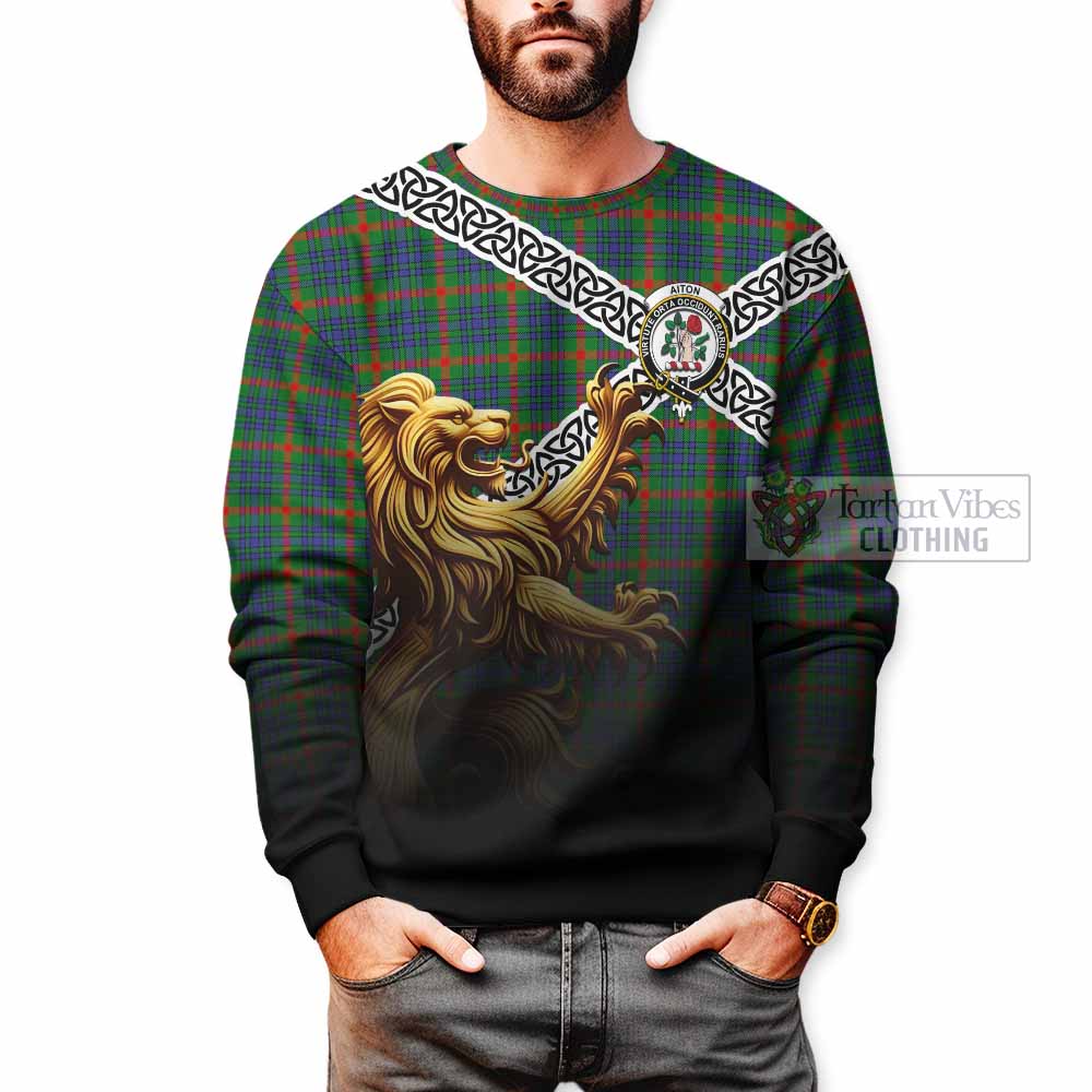 Aiton Crest Tartan Sweatshirt with Golden Lion Emblem Celtic Style - Tartan Vibes Clothing