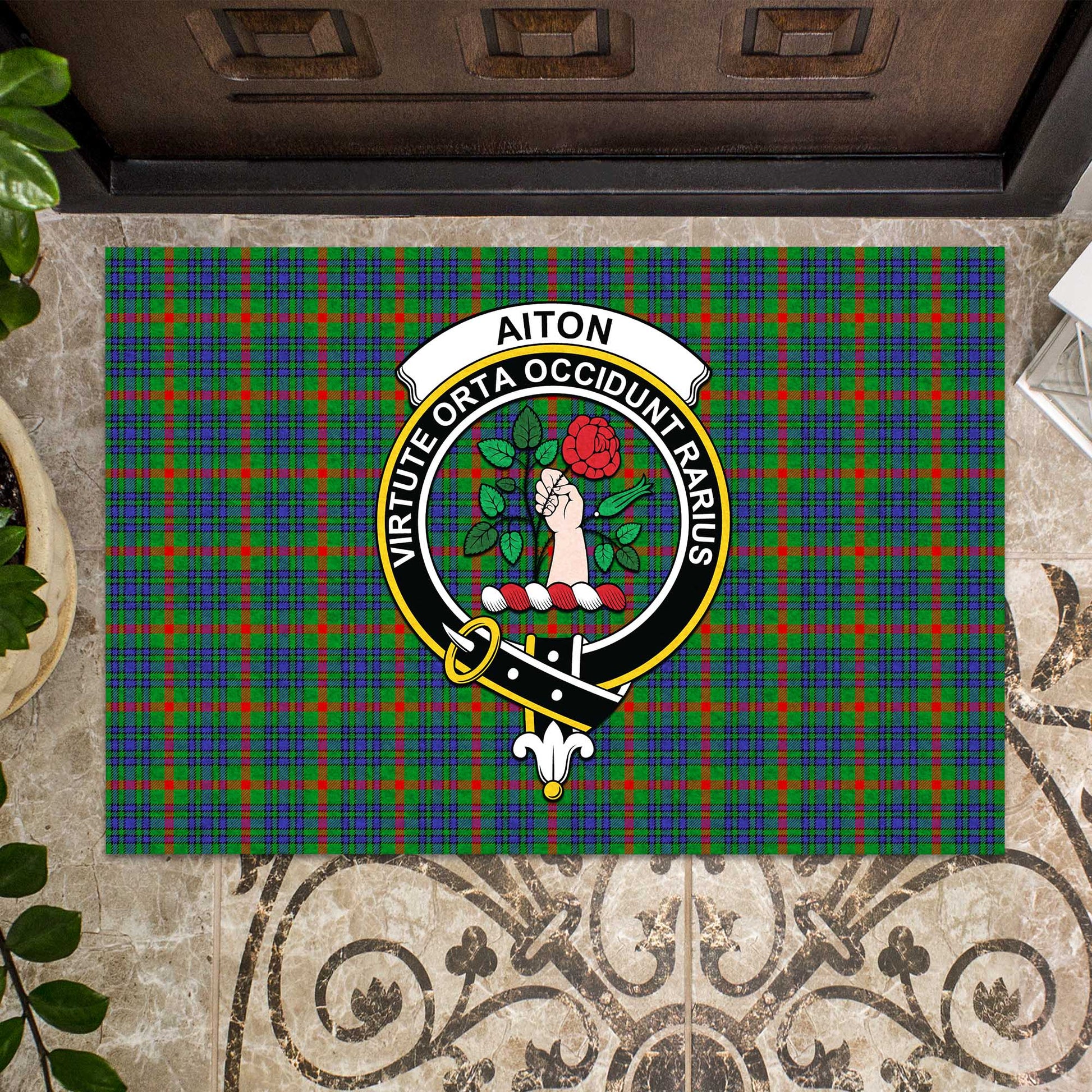 Aiton Tartan Door Mat with Family Crest - Tartanvibesclothing