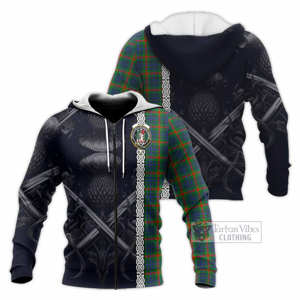 Tartan Vibes Clothing Aiton Tartan Knitted Hoodie with Family Crest Cross Sword Thistle Celtic Vibes
