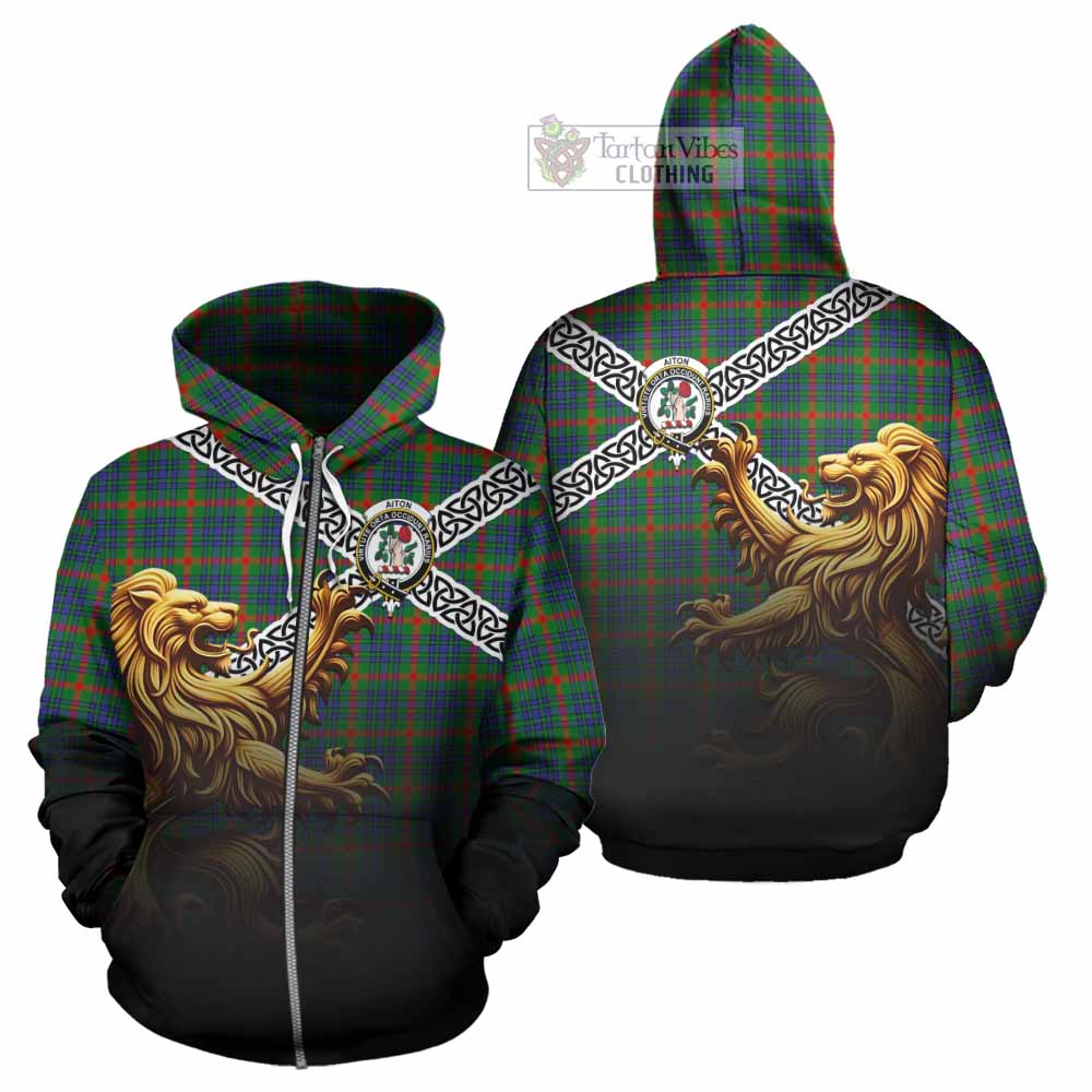 Aiton Crest Tartan Hoodie with Golden Lion Emblem Celtic Style Zip Hoodie - Tartan Vibes Clothing