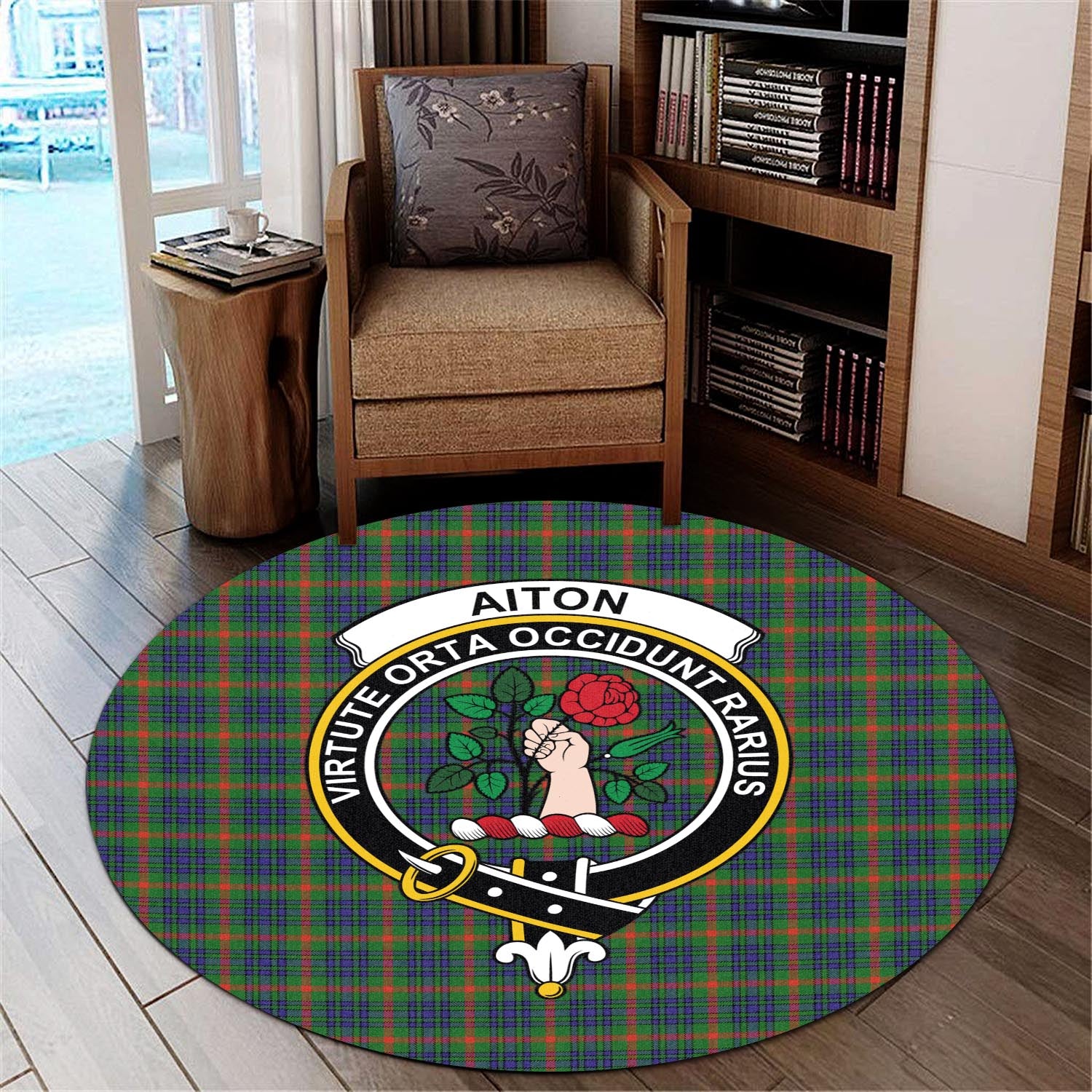 Aiton Tartan Round Rug with Family Crest - Tartanvibesclothing