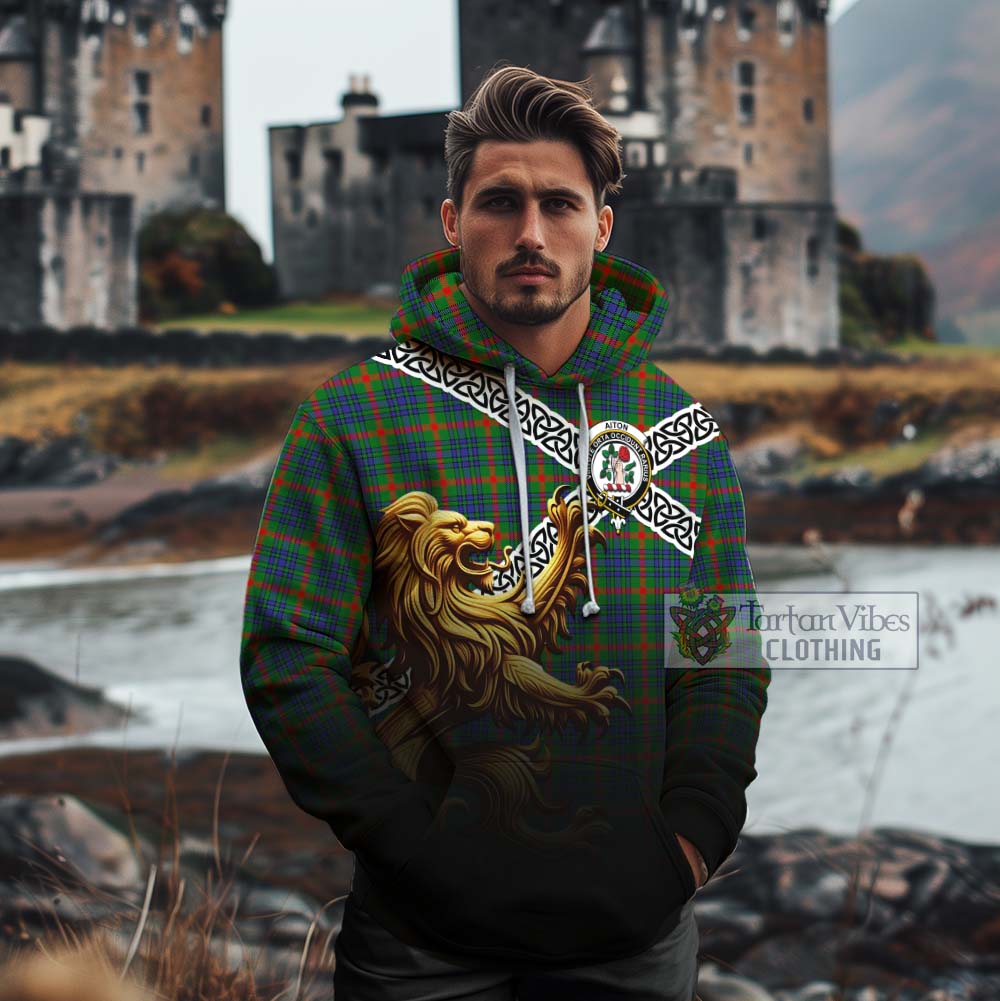 Aiton Crest Tartan Cotton Hoodie with Golden Lion Emblem Celtic Style - Tartan Vibes Clothing