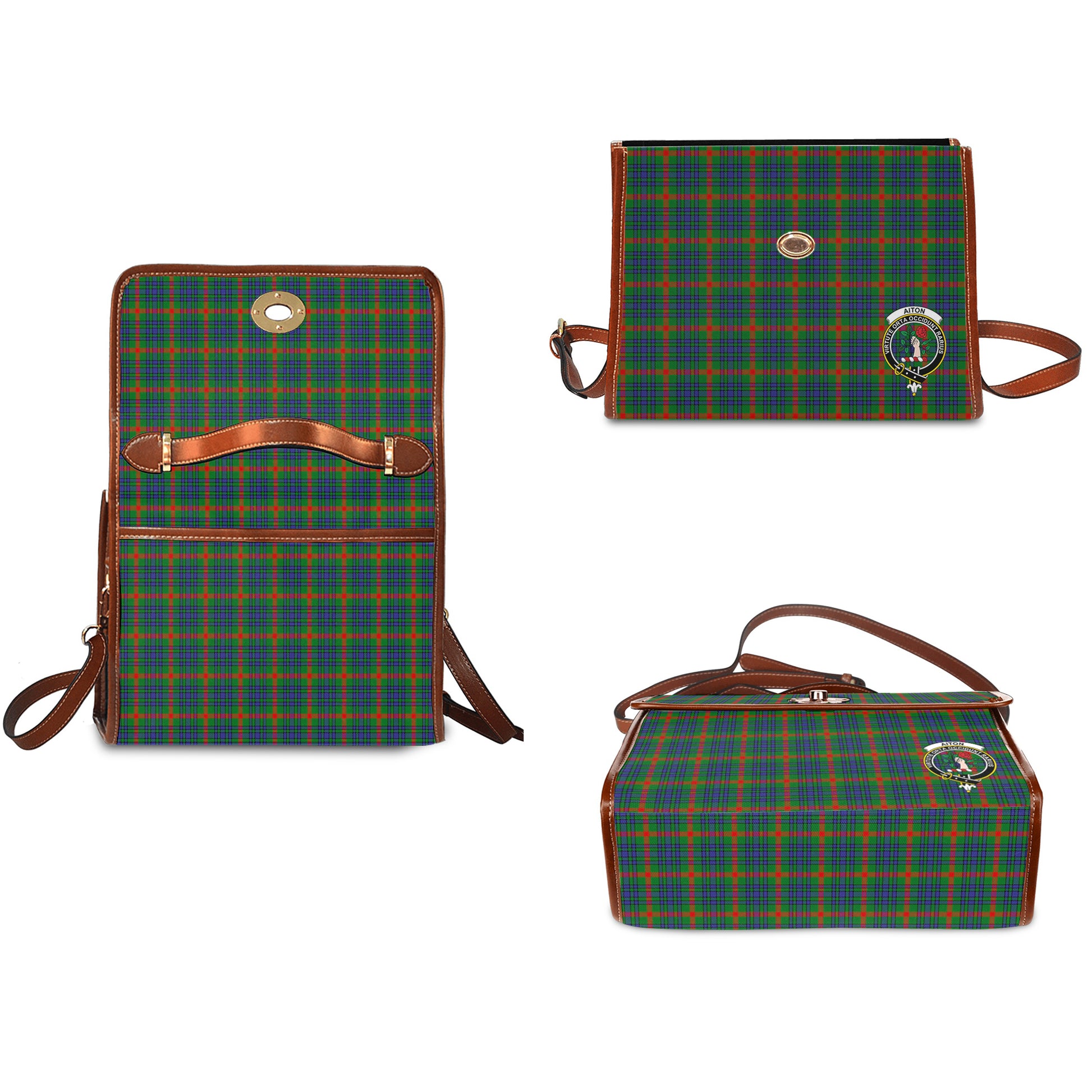 Aiton Tartan Leather Strap Waterproof Canvas Bag with Family Crest - Tartanvibesclothing
