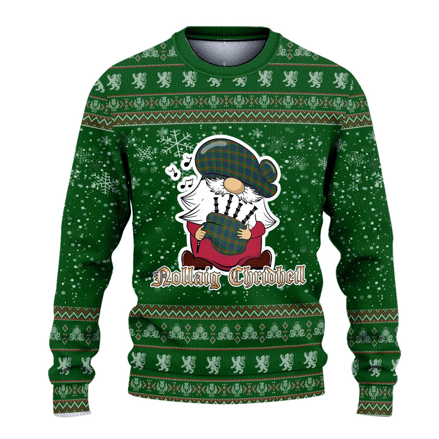 Aiton Clan Christmas Family Knitted Sweater with Funny Gnome Playing Bagpipes - Tartanvibesclothing
