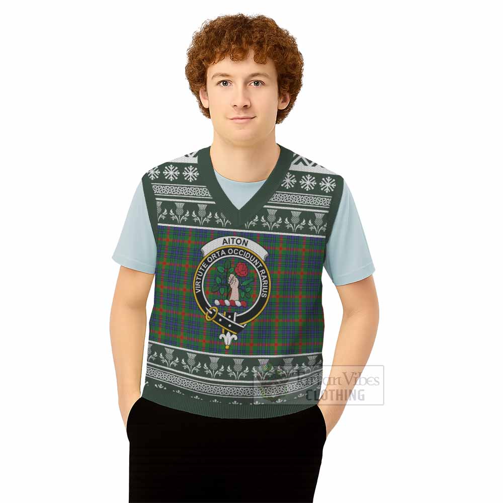 Aiton Clan Tartan Christmas Knitted V-Neck Vest with Family Crest - Tartan Vibes Clothing
