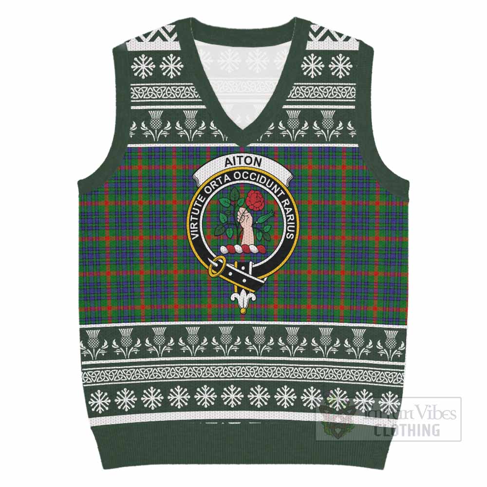 Aiton Clan Tartan Christmas Knitted V-Neck Vest with Family Crest - Tartan Vibes Clothing