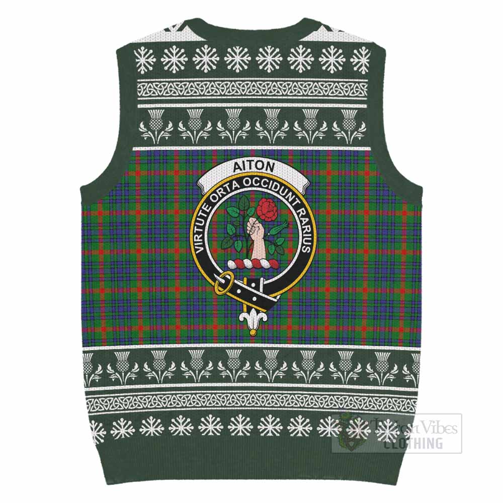 Aiton Clan Tartan Christmas Knitted V-Neck Vest with Family Crest - Tartan Vibes Clothing