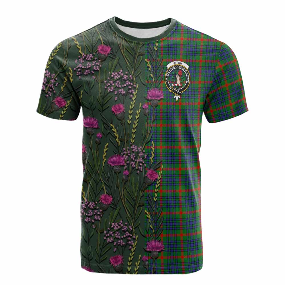 Aiton Family Crest Tartan Cotton T-shirt Scottish Thistle Flower Pattern Half Style - Tartan Vibes Clothing