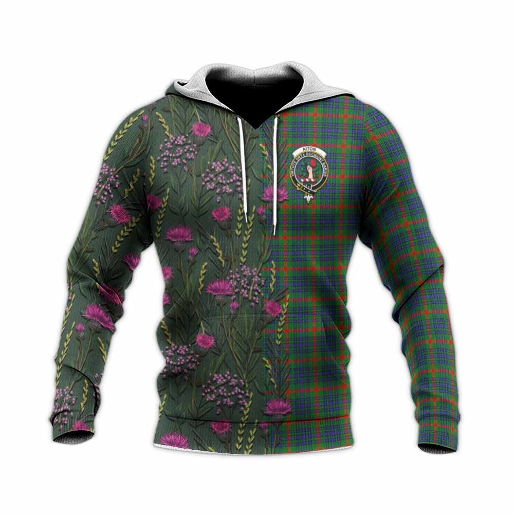 Aiton Family Crest Tartan Knitted Hoodie Scottish Thistle Flower Pattern Half Style - Tartan Vibes Clothing