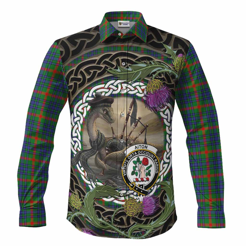 Aiton Tartan Crest Bagpipe Nessie Long Sleeve Button Shirts Scottish Loch Ness Monster Celtic Thistle
