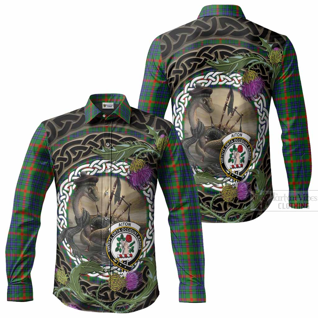 Aiton Tartan Crest Bagpipe Nessie Long Sleeve Button Shirts Scottish Loch Ness Monster Celtic Thistle