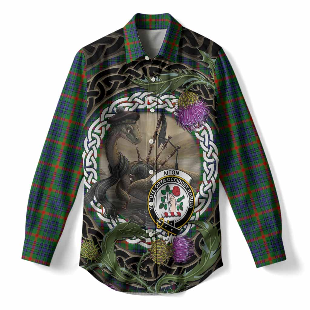 Aiton Tartan Crest Bagpipe Nessie Women Casual Shirt Scottish Loch Ness Monster Celtic Thistle