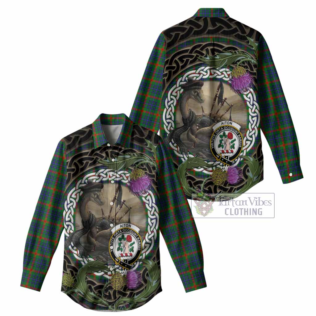 Aiton Tartan Crest Bagpipe Nessie Women Casual Shirt Scottish Loch Ness Monster Celtic Thistle
