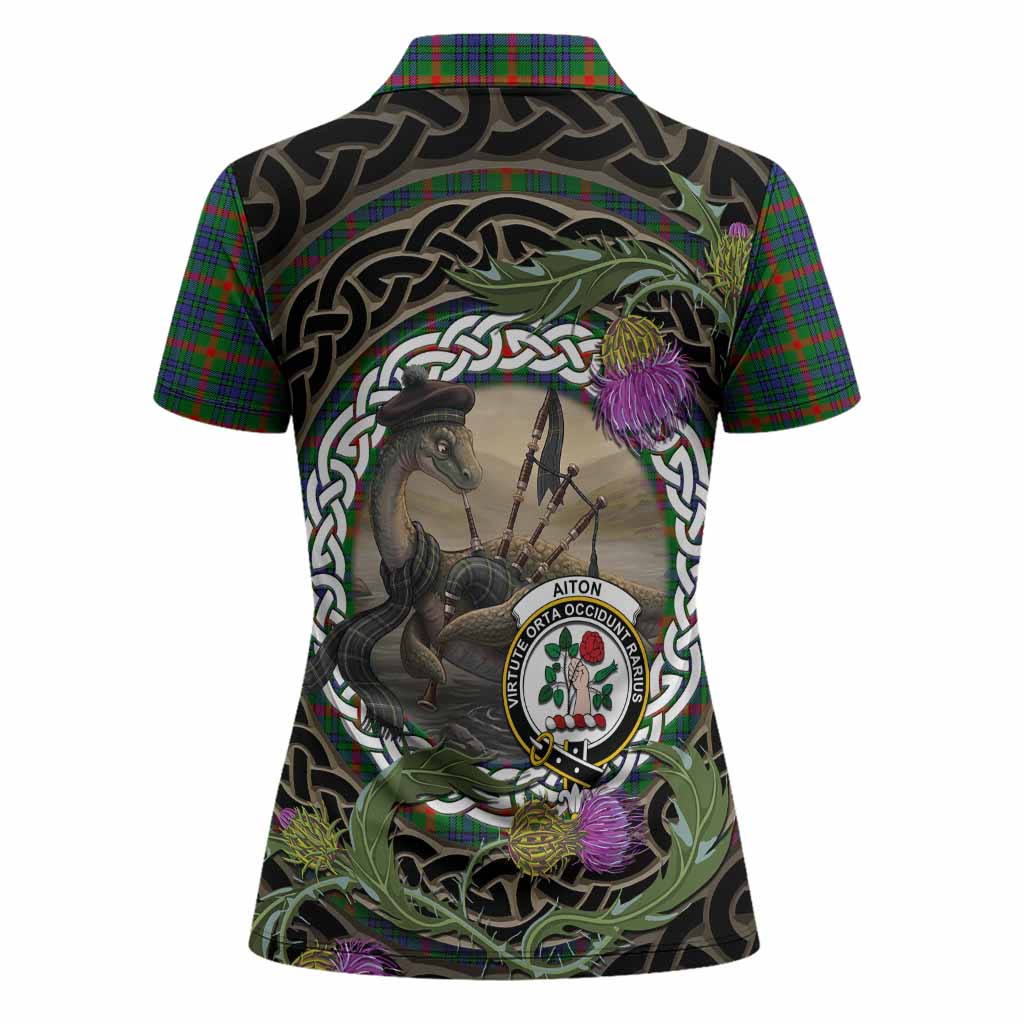 Aiton Tartan Crest Bagpipe Nessie Women Polo Shirt Scottish Loch Ness Monster Celtic Thistle