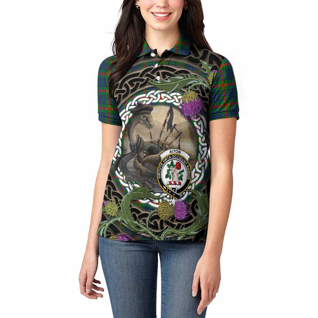 Aiton Tartan Crest Bagpipe Nessie Women Polo Shirt Scottish Loch Ness Monster Celtic Thistle