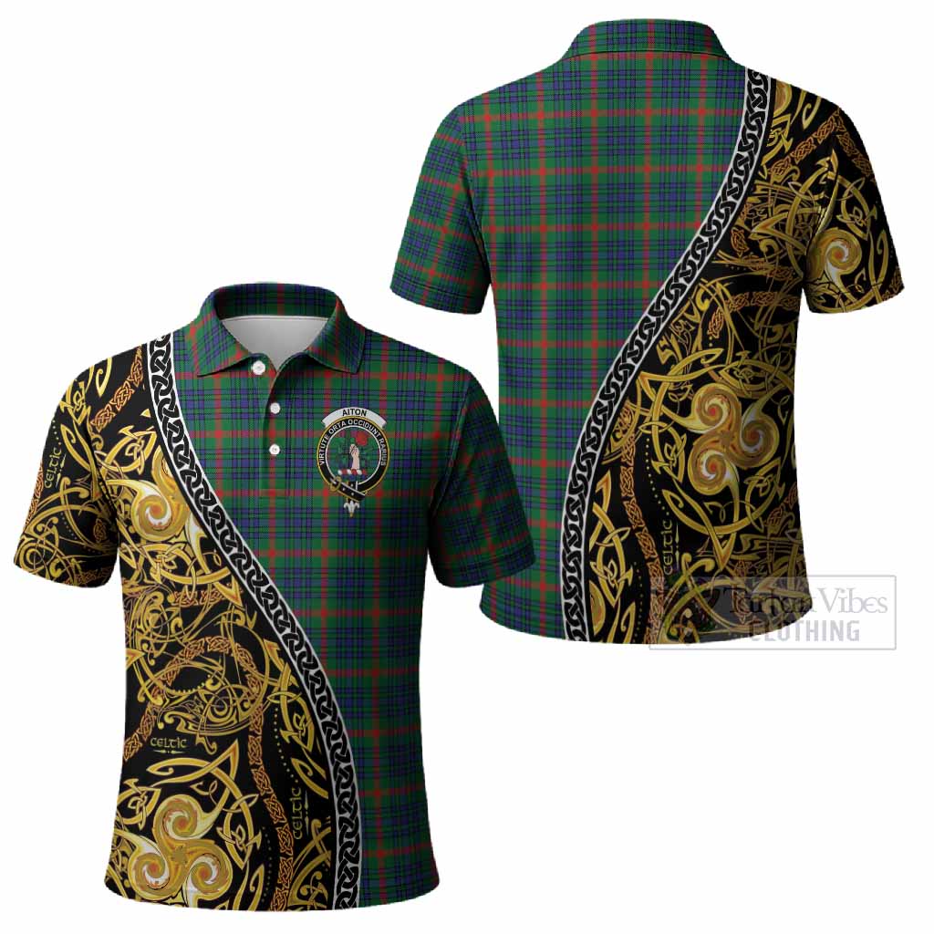 Aiton Tartan Crest Polo Shirt Celtic Knot and Triple Trickle Spiral Symbols