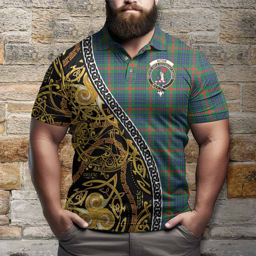 Aiton Tartan Crest Polo Shirt Celtic Knot and Triple Trickle Spiral Symbols