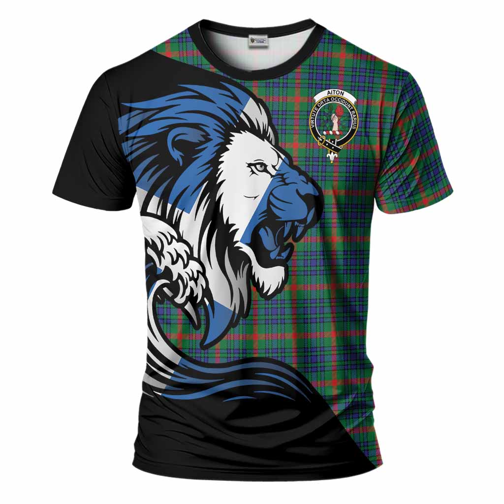 Aiton Tartan Crest T-Shirt Scottish Golden Lions Wave Flow