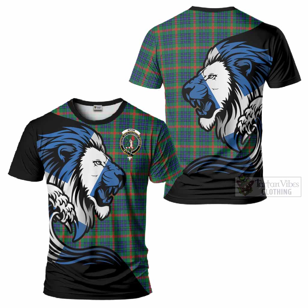 Aiton Tartan Crest T-Shirt Scottish Golden Lions Wave Flow
