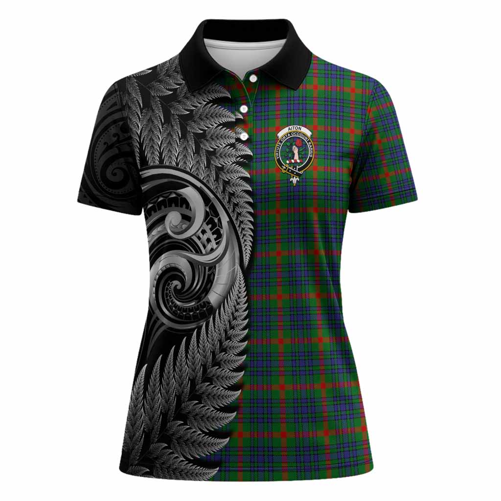 Aiton Tartan Crest Women Polo Shirt With New Zealand Silver Fern Maori Koru