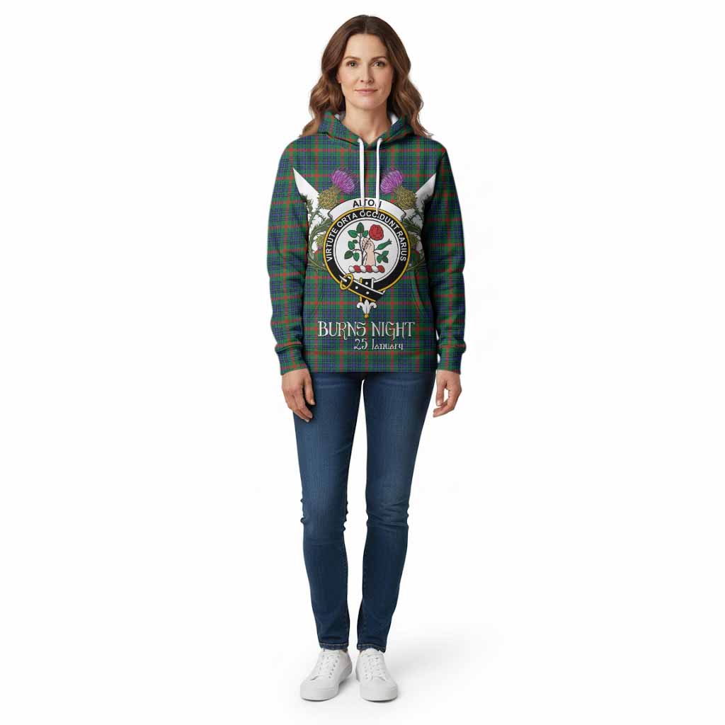 Aiton Tartan Family Crest Cotton Hoodie Scottish Burns Night Thistle Floral