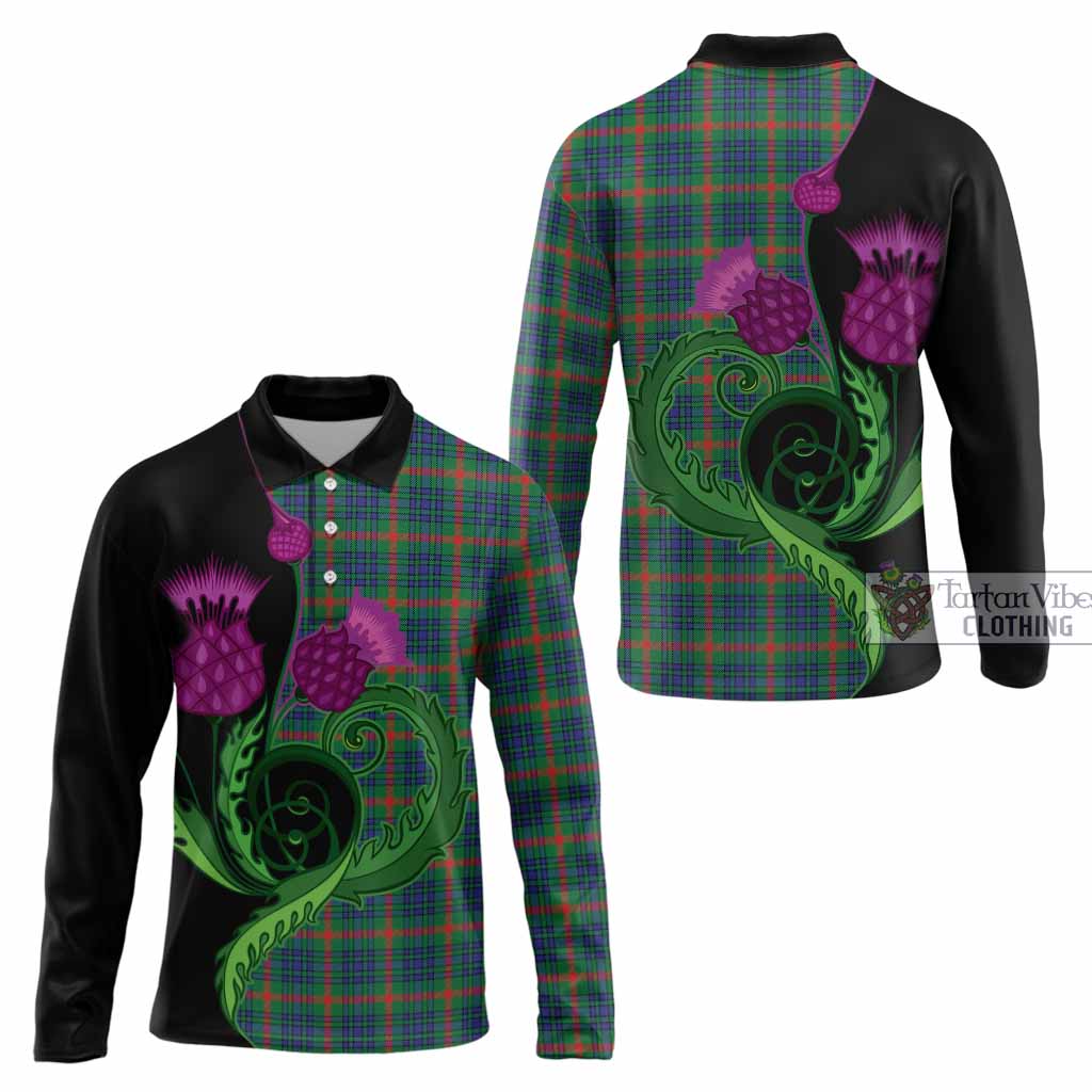 Aiton Tartan Long Sleeve Polo Shirt Traditional Scottish Thistle