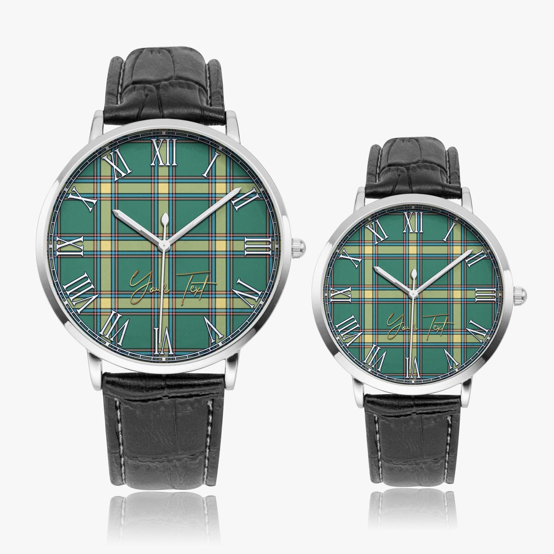 Alberta Province Canada Tartan Personalized Your Text Leather Trap Quartz Watch Ultra Thin Silver Case With Black Leather Strap - Tartanvibesclothing