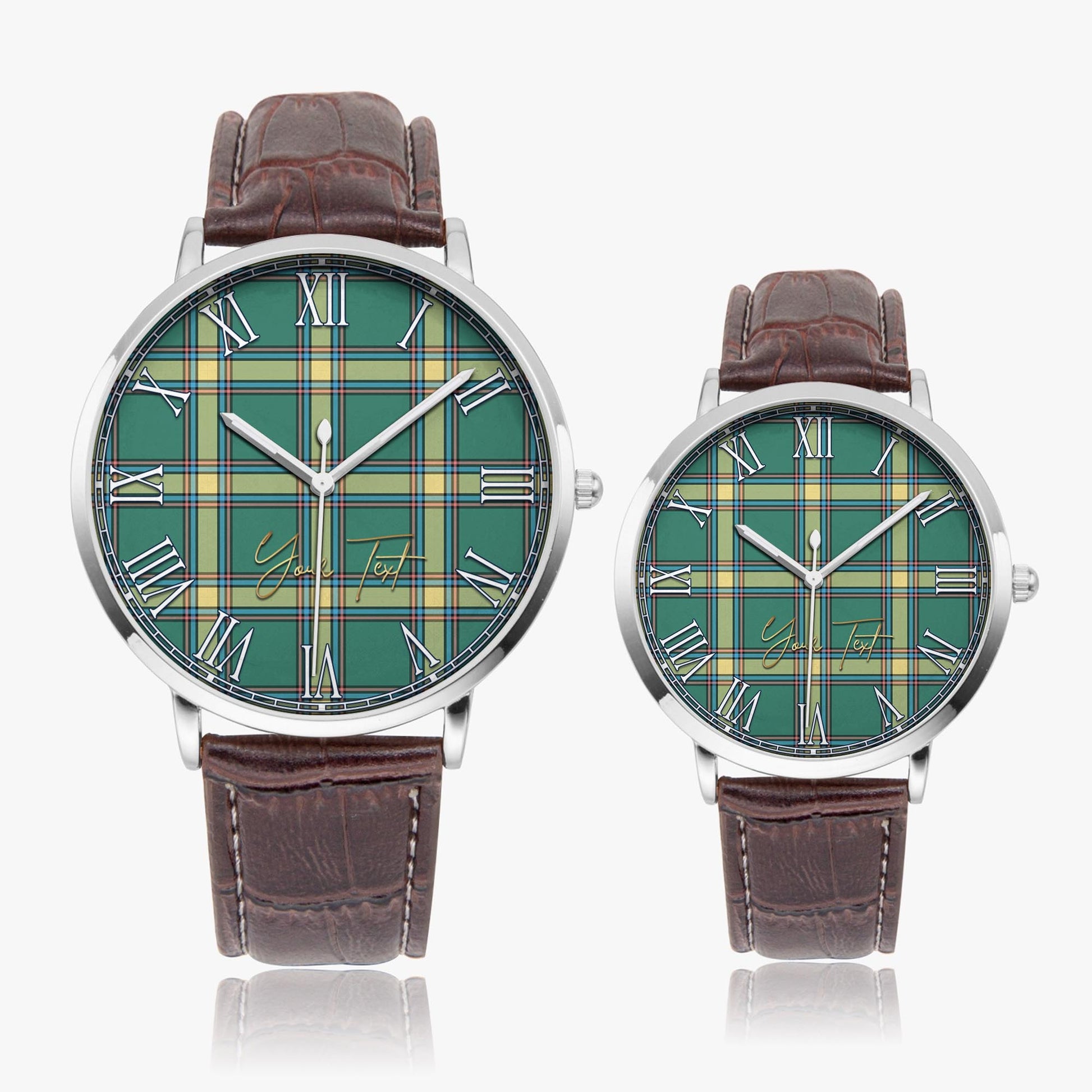 Alberta Province Canada Tartan Personalized Your Text Leather Trap Quartz Watch Ultra Thin Silver Case With Brown Leather Strap - Tartanvibesclothing