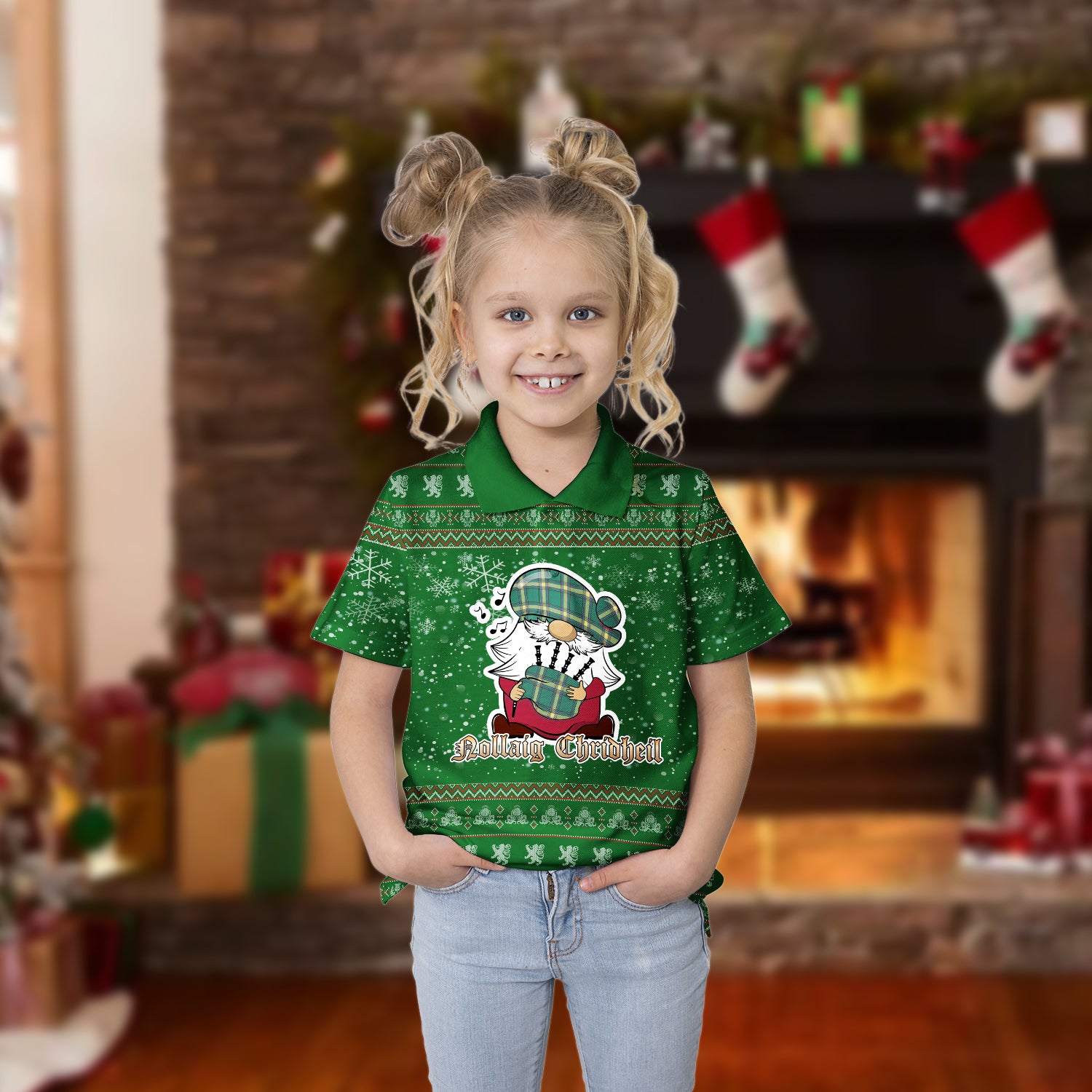 Alberta Province Canada Clan Christmas Family Polo Shirt with Funny Gnome Playing Bagpipes Kid's Polo Shirt Green - Tartanvibesclothing