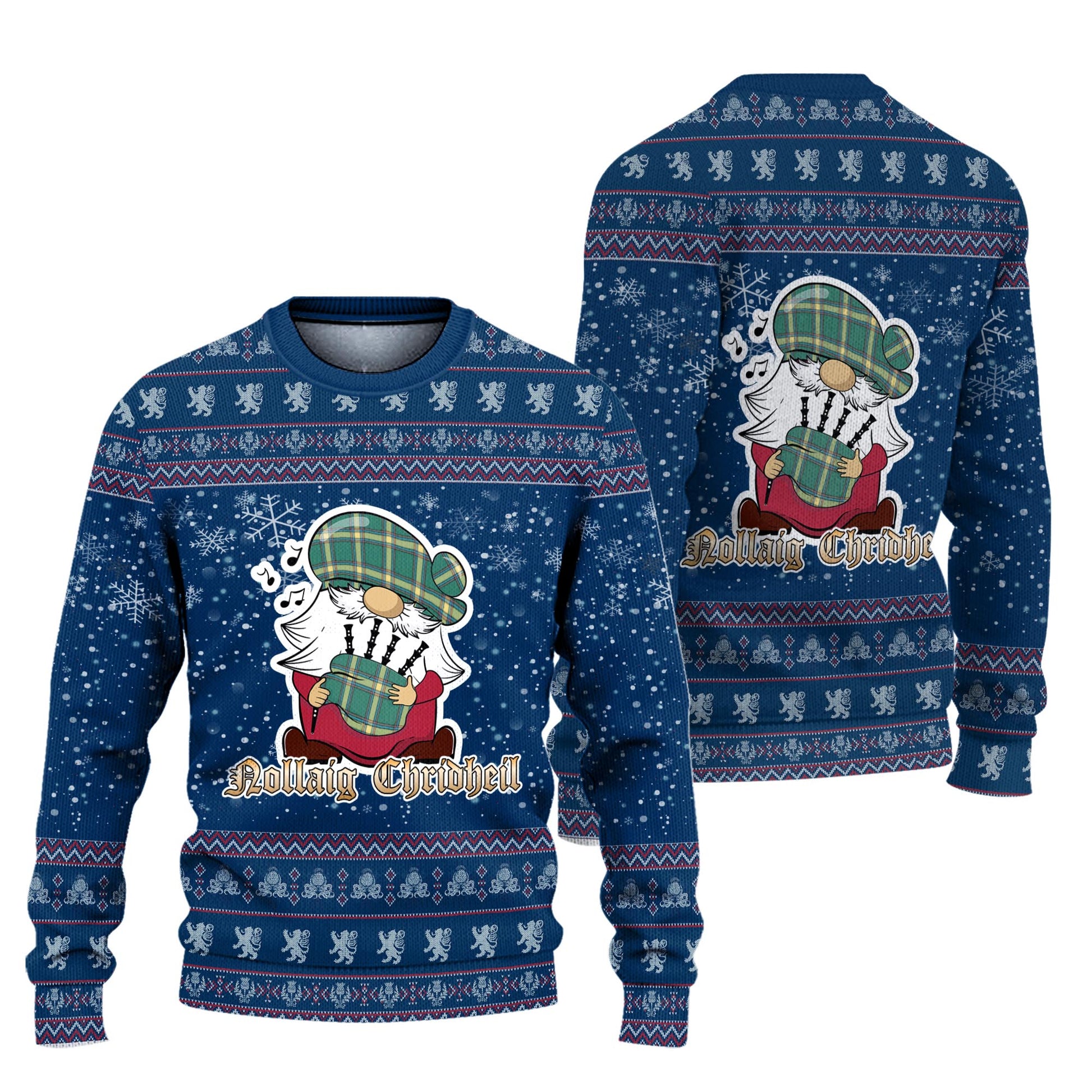Alberta Province Canada Clan Christmas Family Knitted Sweater with Funny Gnome Playing Bagpipes Unisex Blue - Tartanvibesclothing