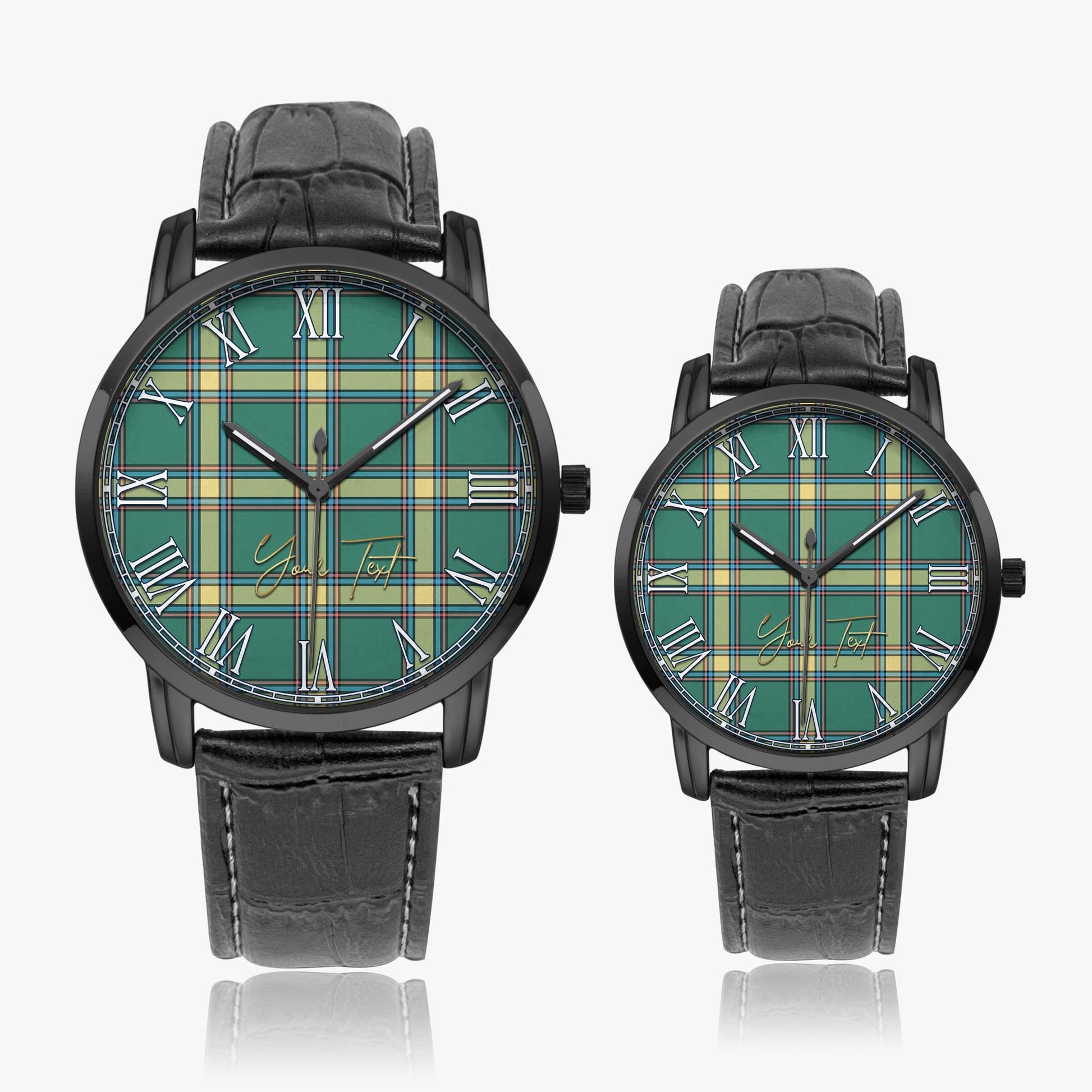 Alberta Province Canada Tartan Personalized Your Text Leather Trap Quartz Watch Wide Type Black Case With Black Leather Strap - Tartanvibesclothing