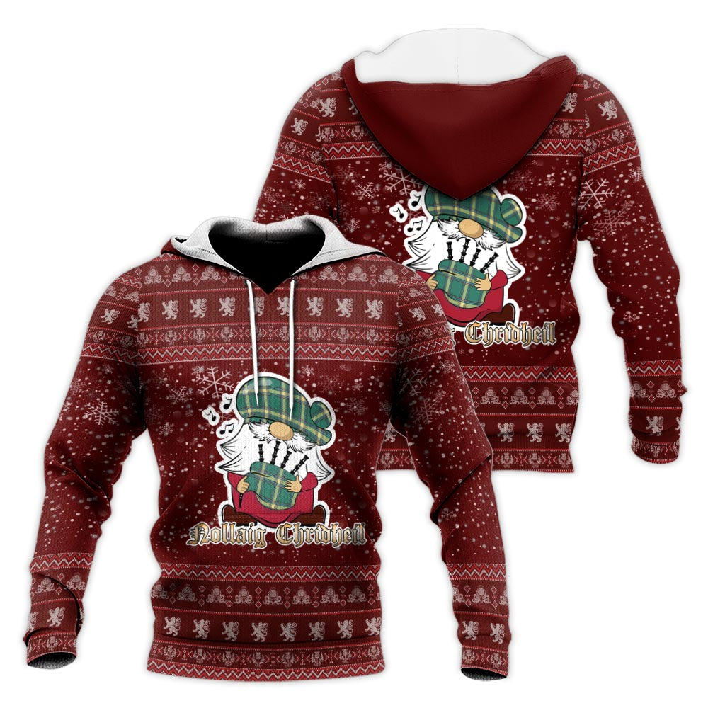Alberta Province Canada Clan Christmas Knitted Hoodie with Funny Gnome Playing Bagpipes Red - Tartanvibesclothing