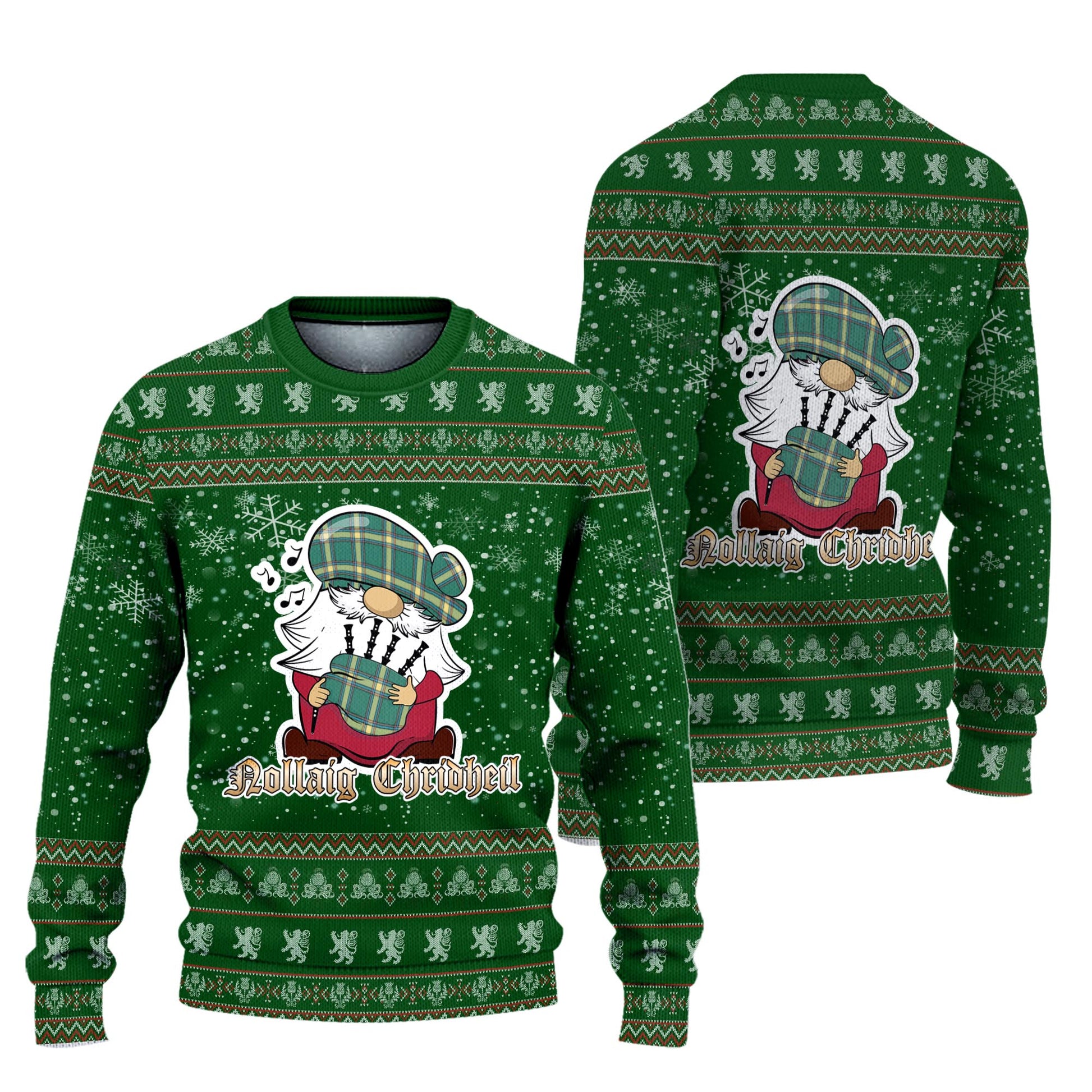 Alberta Province Canada Clan Christmas Family Knitted Sweater with Funny Gnome Playing Bagpipes Unisex Green - Tartanvibesclothing