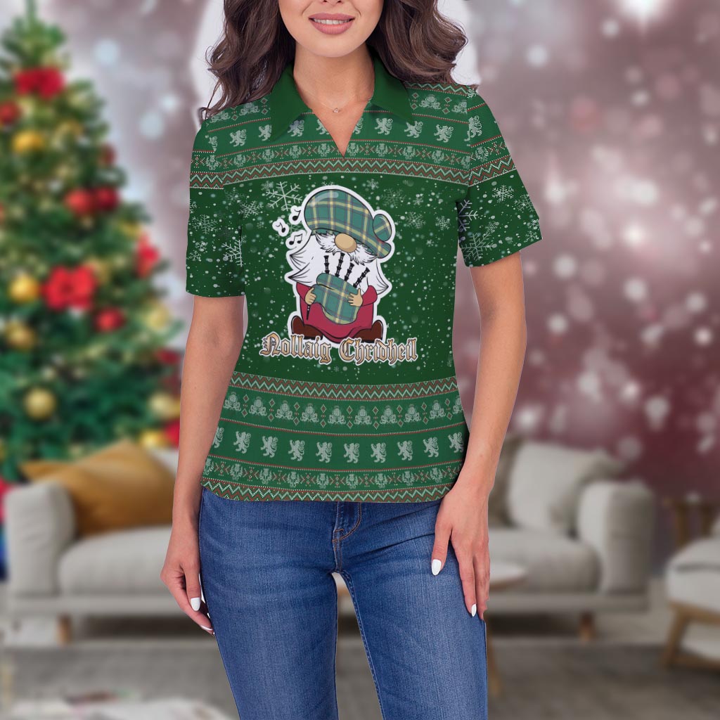 Alberta Province Canada Clan Christmas Family Polo Shirt with Funny Gnome Playing Bagpipes Women's Polo Shirt Green - Tartanvibesclothing