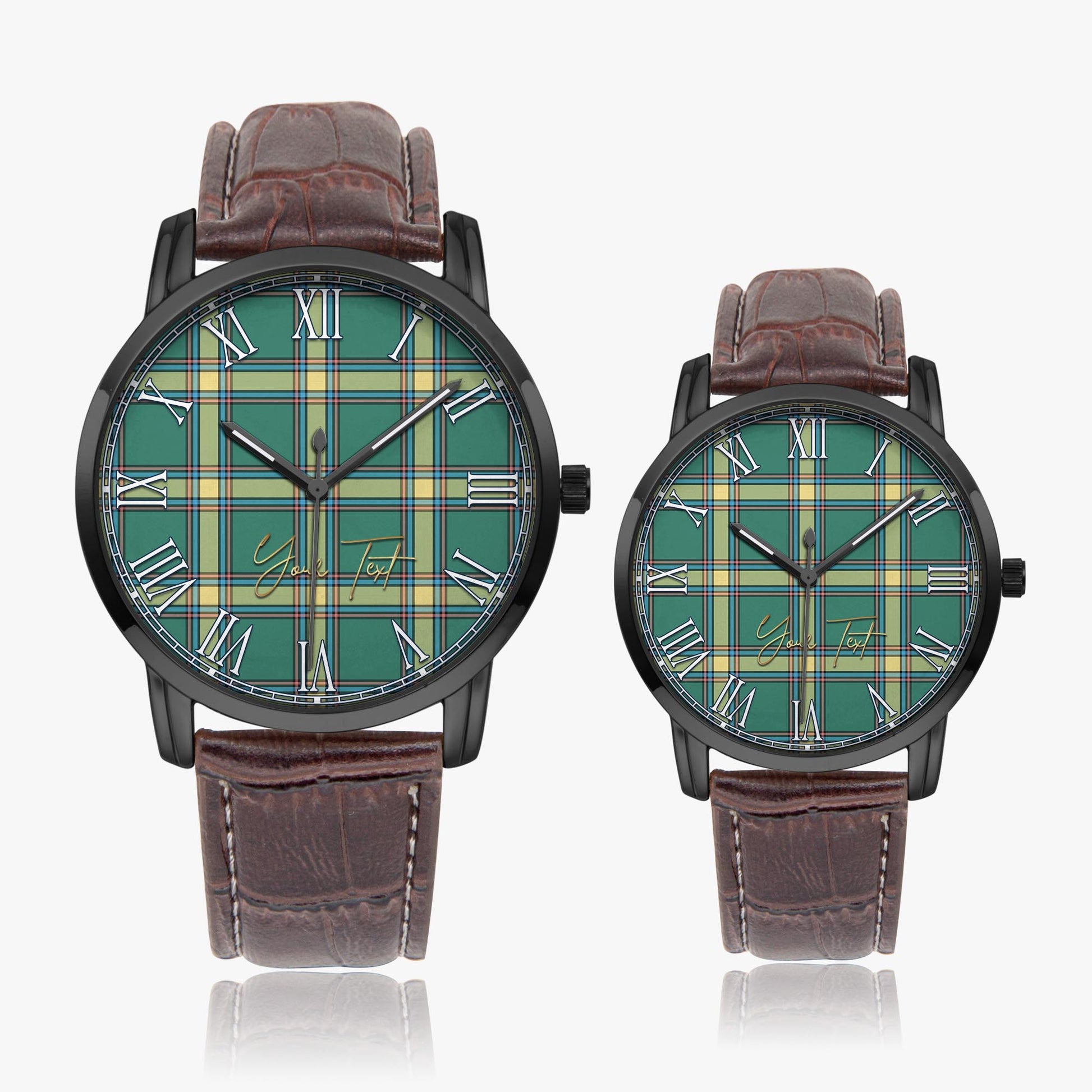 Alberta Province Canada Tartan Personalized Your Text Leather Trap Quartz Watch Wide Type Black Case With Brown Leather Strap - Tartanvibesclothing
