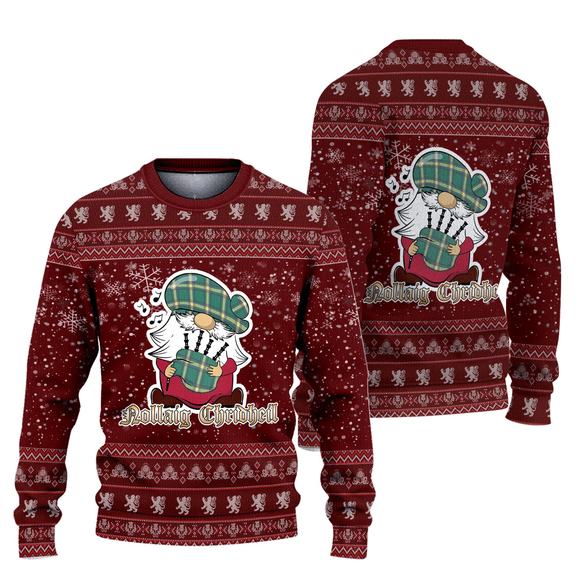 Alberta Province Canada Clan Christmas Family Knitted Sweater with Funny Gnome Playing Bagpipes Unisex Red - Tartanvibesclothing