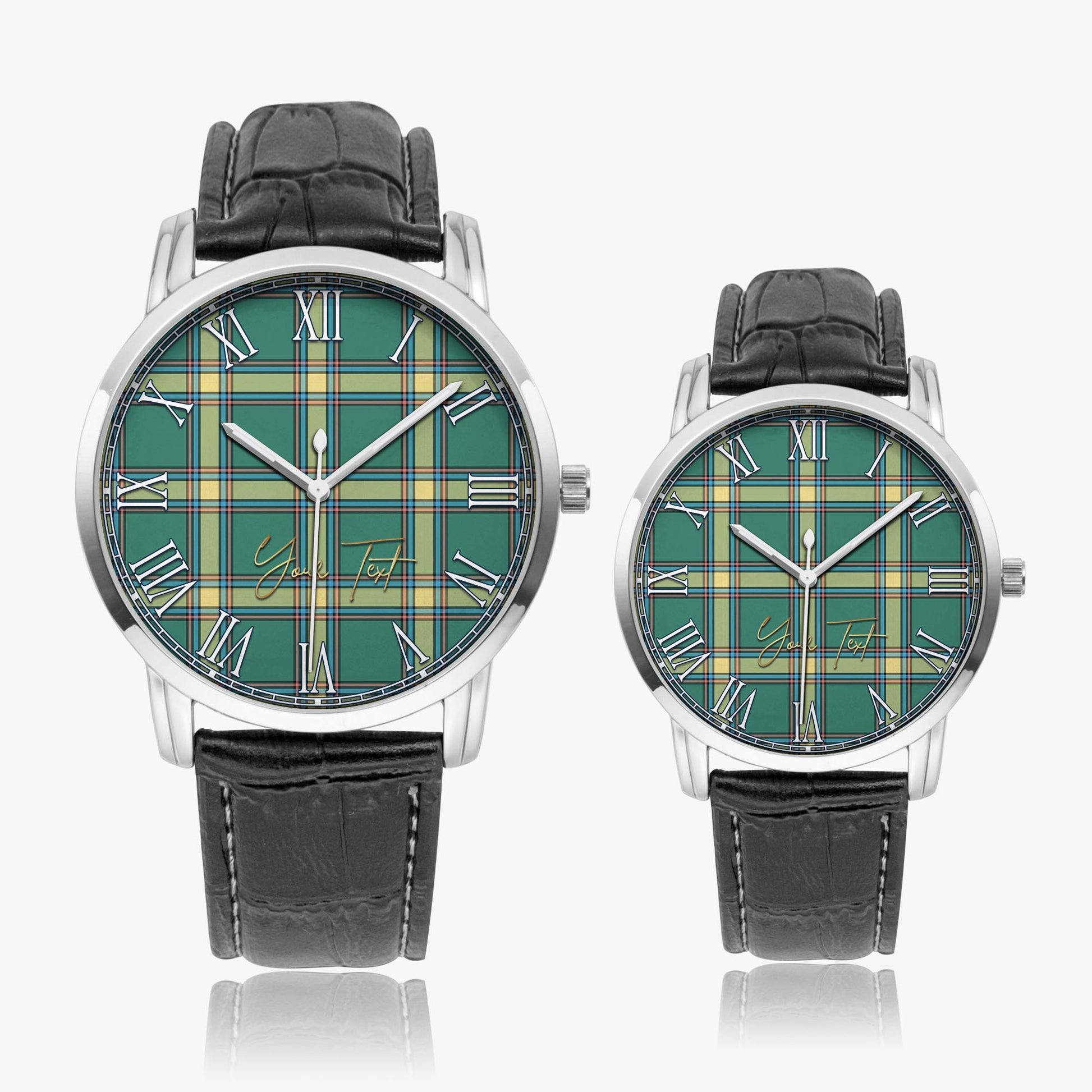 Alberta Province Canada Tartan Personalized Your Text Leather Trap Quartz Watch Wide Type Silver Case With Black Leather Strap - Tartanvibesclothing
