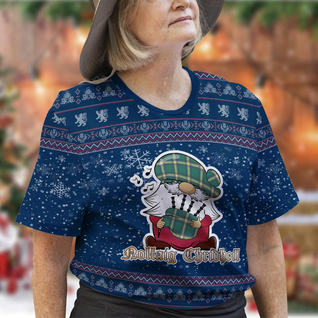 Alberta Province Canada Clan Christmas Family T-Shirt with Funny Gnome Playing Bagpipes Women's Shirt Blue - Tartanvibesclothing