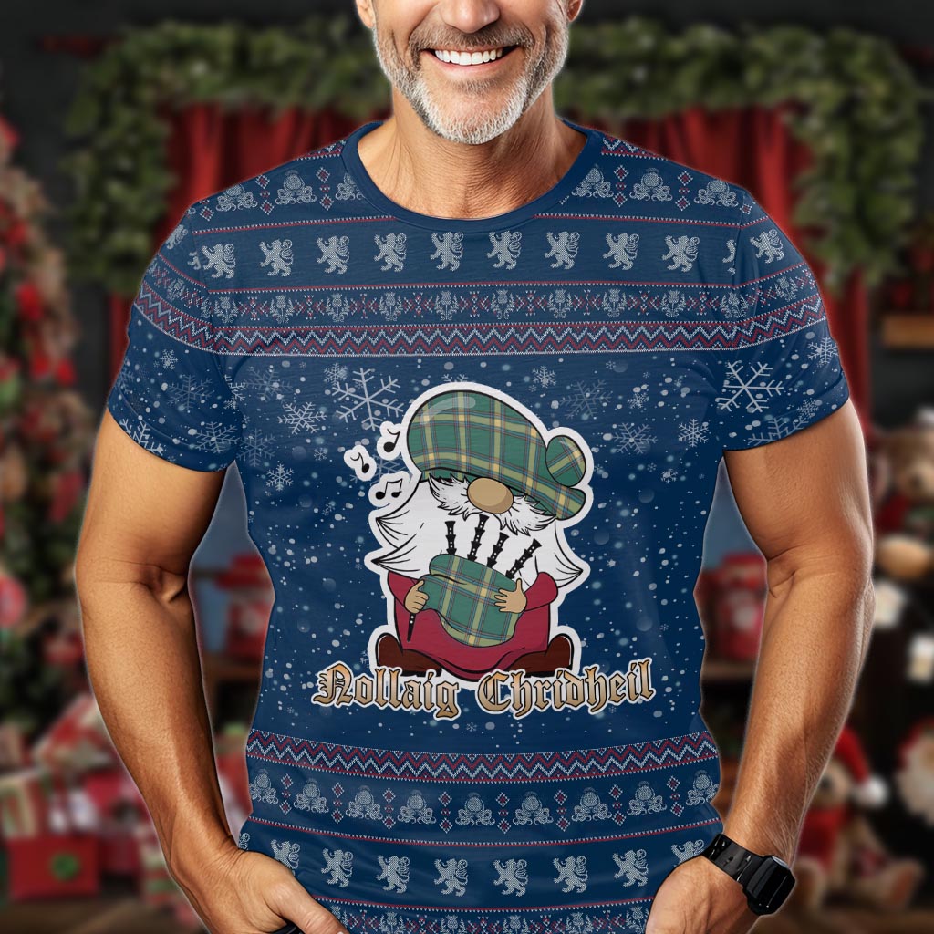 Alberta Province Canada Clan Christmas Family T-Shirt with Funny Gnome Playing Bagpipes Men's Shirt Blue - Tartanvibesclothing