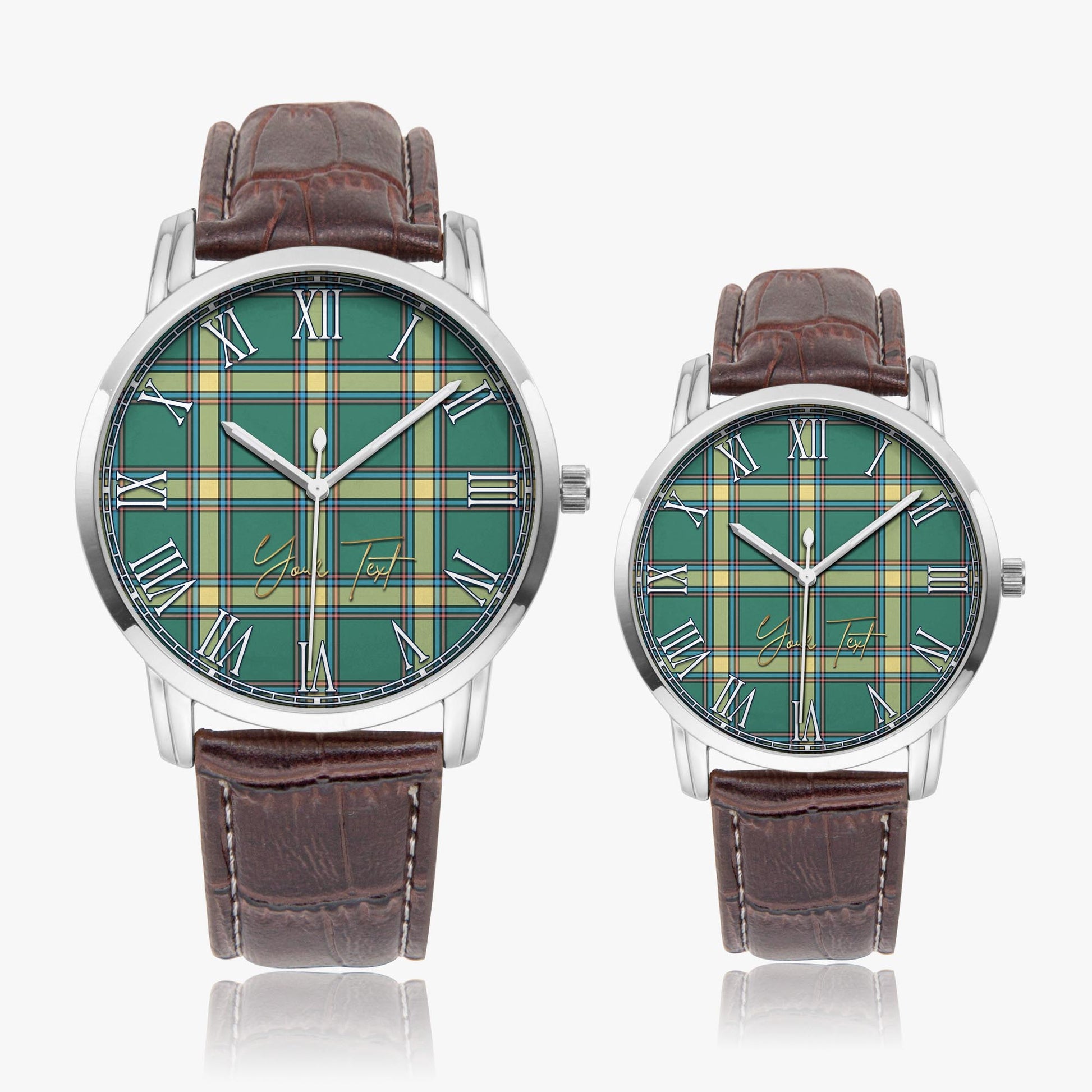 Alberta Province Canada Tartan Personalized Your Text Leather Trap Quartz Watch Wide Type Silver Case With Brown Leather Strap - Tartanvibesclothing