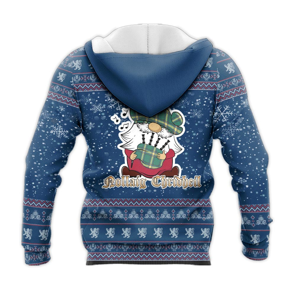 Alberta Province Canada Clan Christmas Knitted Hoodie with Funny Gnome Playing Bagpipes - Tartanvibesclothing