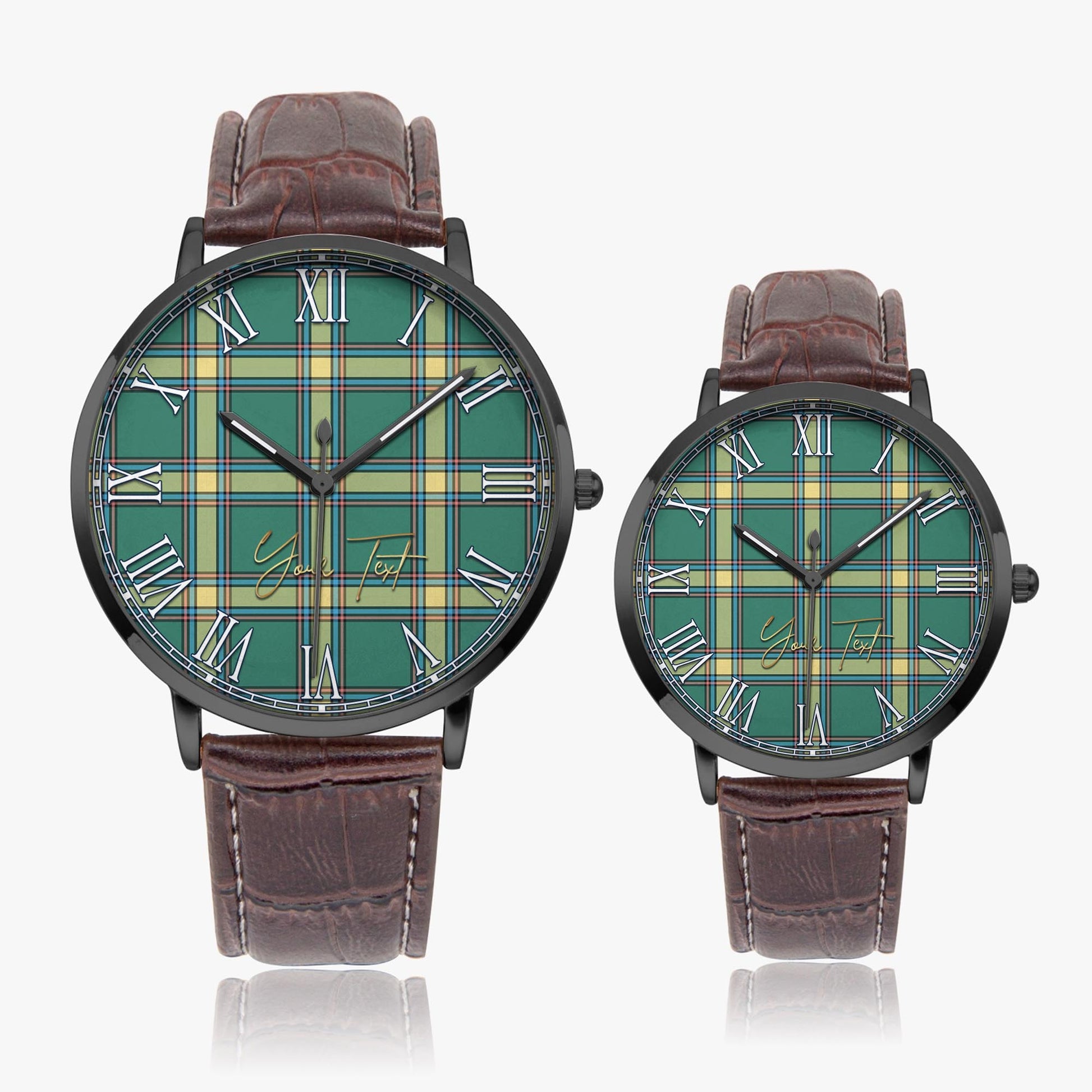 Alberta Province Canada Tartan Personalized Your Text Leather Trap Quartz Watch Ultra Thin Black Case With Brown Leather Strap - Tartanvibesclothing