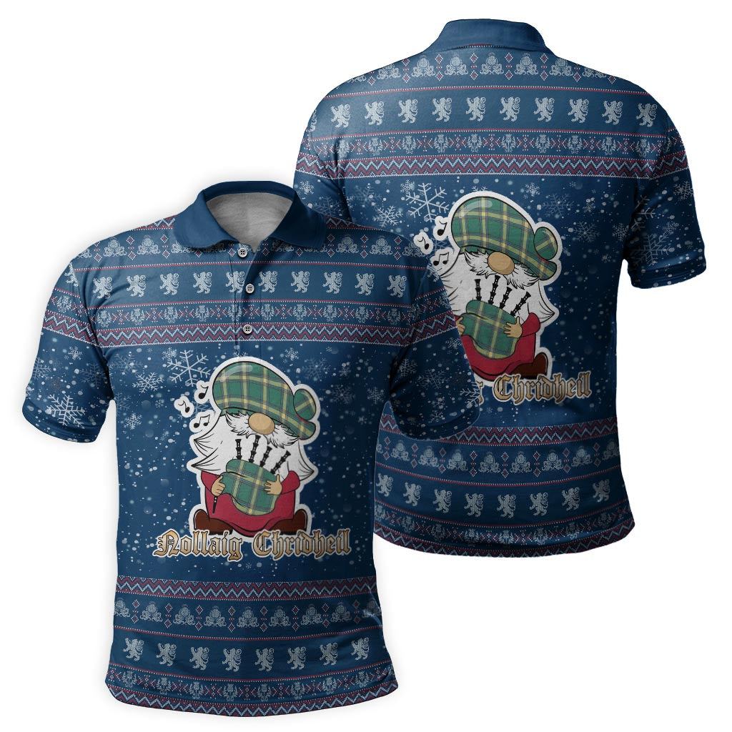 Alberta Province Canada Clan Christmas Family Polo Shirt with Funny Gnome Playing Bagpipes Men's Polo Shirt Blue - Tartanvibesclothing