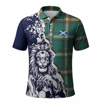 Alberta Province Canada Tartan Scottish Polo Shirt Angry Lion With Soccer Ball Style
