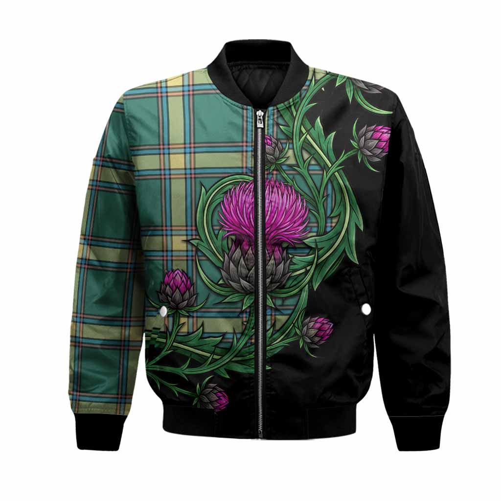 Alberta Tartan Bomber Jacket Resilient Scottish Thistle Unisex Black - Tartan Vibes Clothing