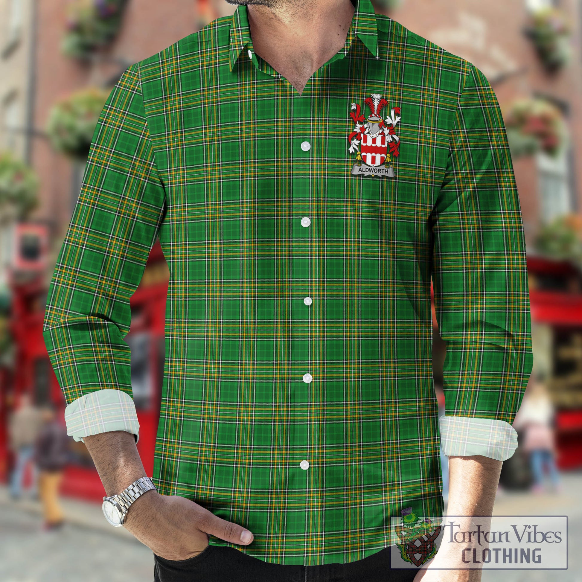 Tartan Vibes Clothing Aldworth Ireland Clan Tartan Long Sleeve Button Up with Coat of Arms